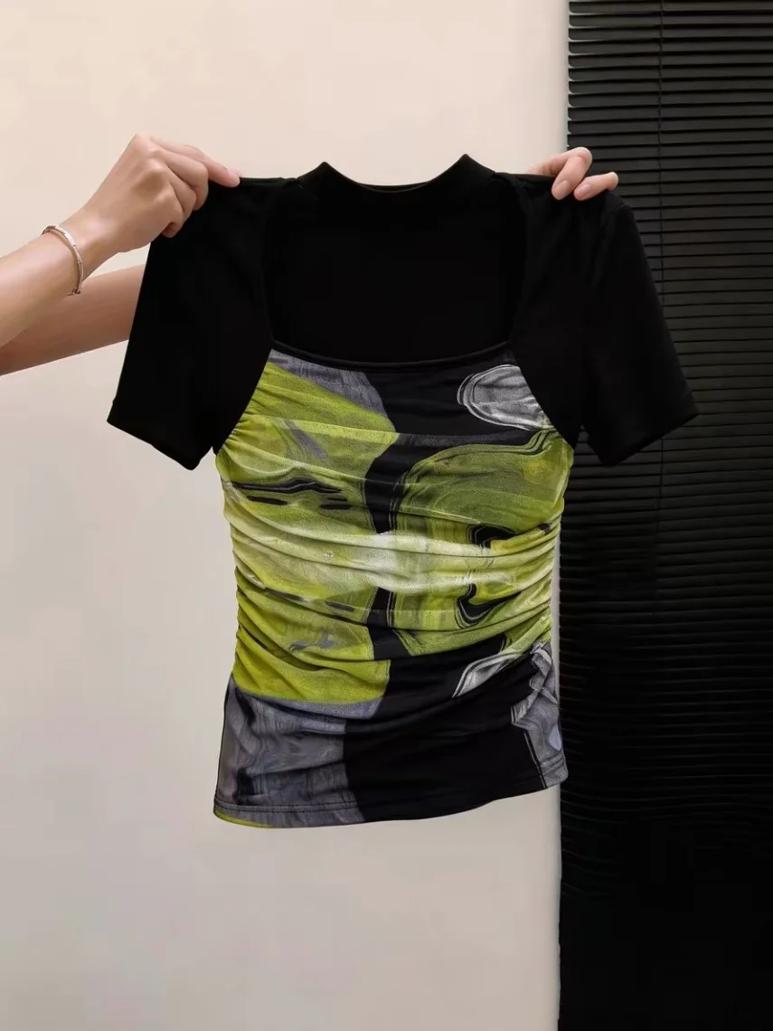 Slim Fit Short Sleeve T-Shirt Women's Summer New Style Sexy Self-Preserved Dyeing Square Collar Blouse Korean Version Printed
Slim Fit Short Sleeve T-Shirt Women's Summer New Style Sexy Self-Preserved Dyeing Square Collar Blouse Korean Version Printed