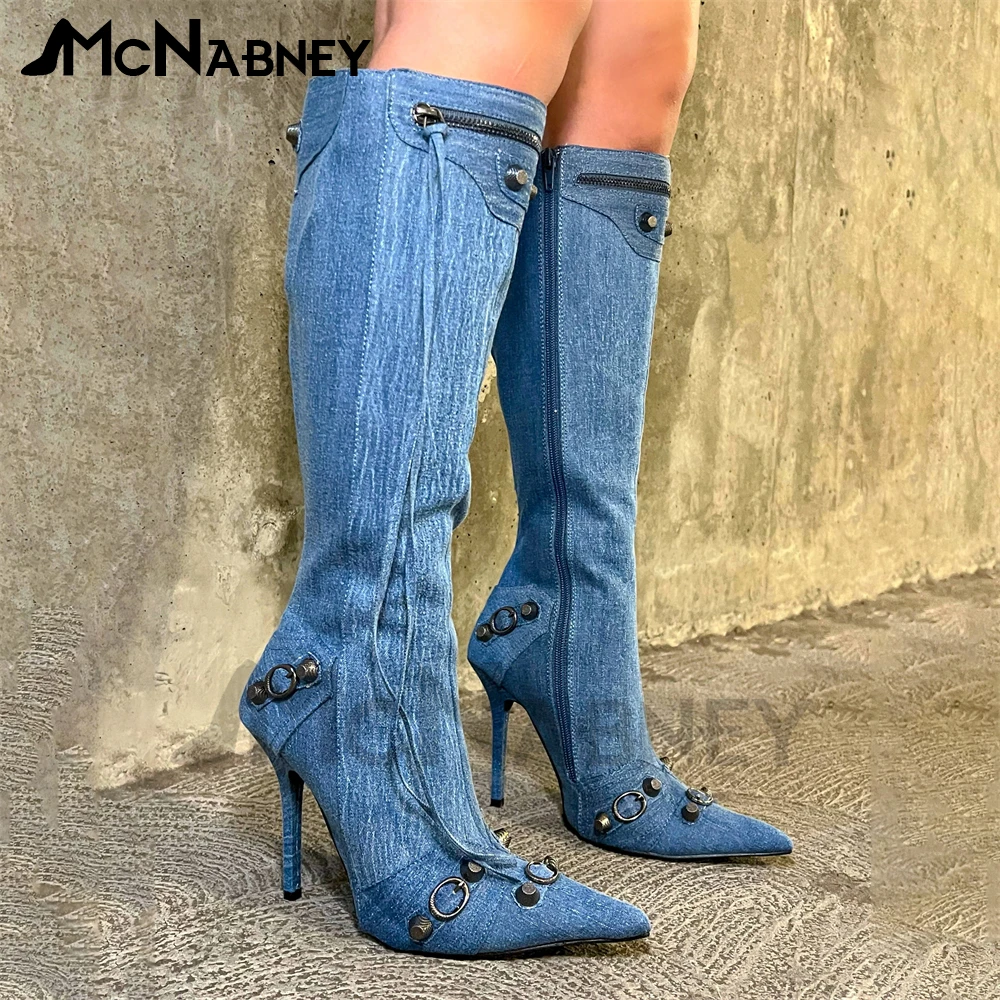 Denim Boots Metal Decoration Biker Boots Pointed Toe Stiletto Knee High Boots Metal Chain Rivet Punk Style Boots for Women New
Denim Boots Metal Decoration Biker Boots Pointed Toe Stiletto Knee High Boots Metal Chain Rivet Punk Style Boots for Women New