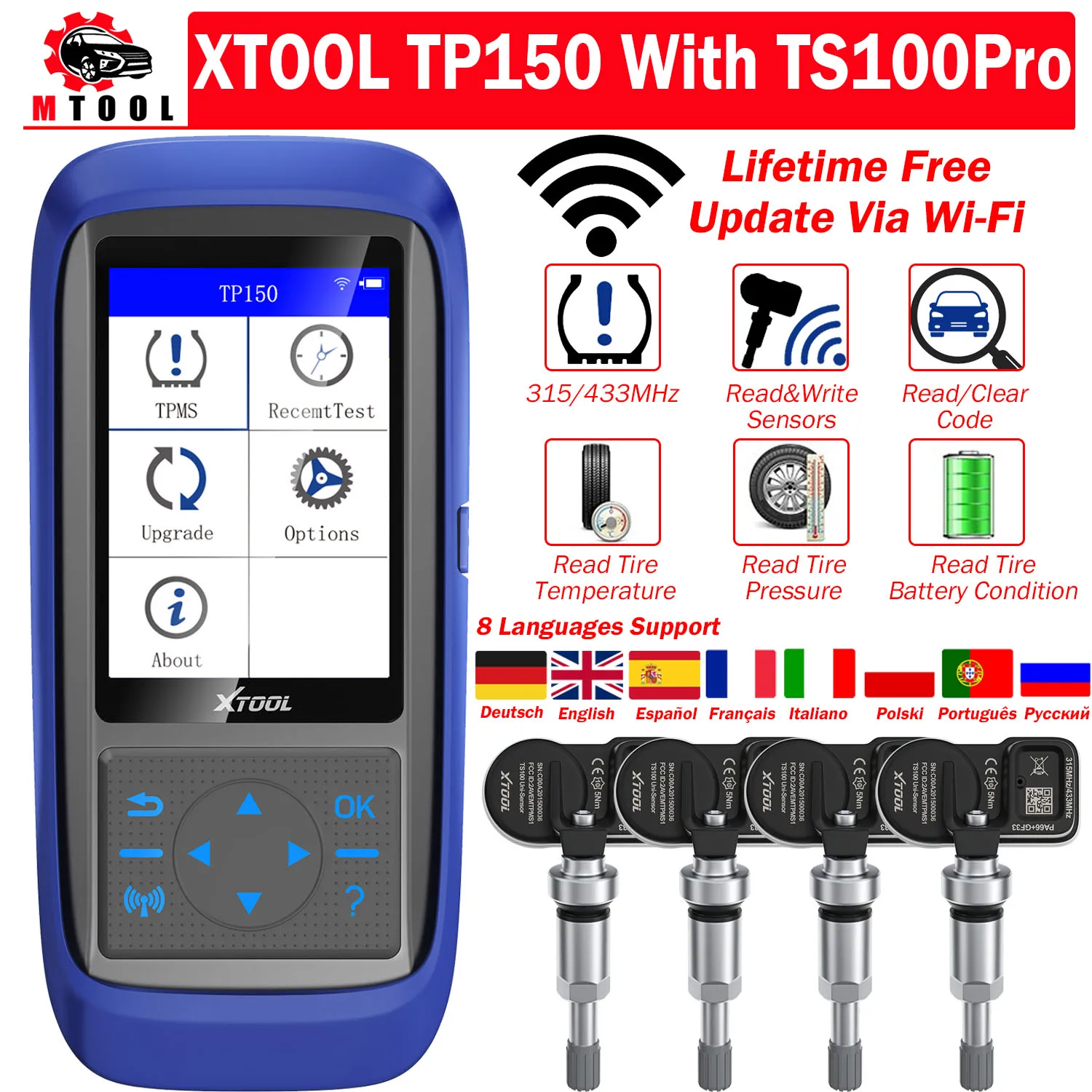 NEW XTOOL TP150 WiFi TPMS Tire Pressure Diagnsotic Tool 315/433MHz TS100 Pro Sensor Active Program Learn Read Auto OBD2 Scanner