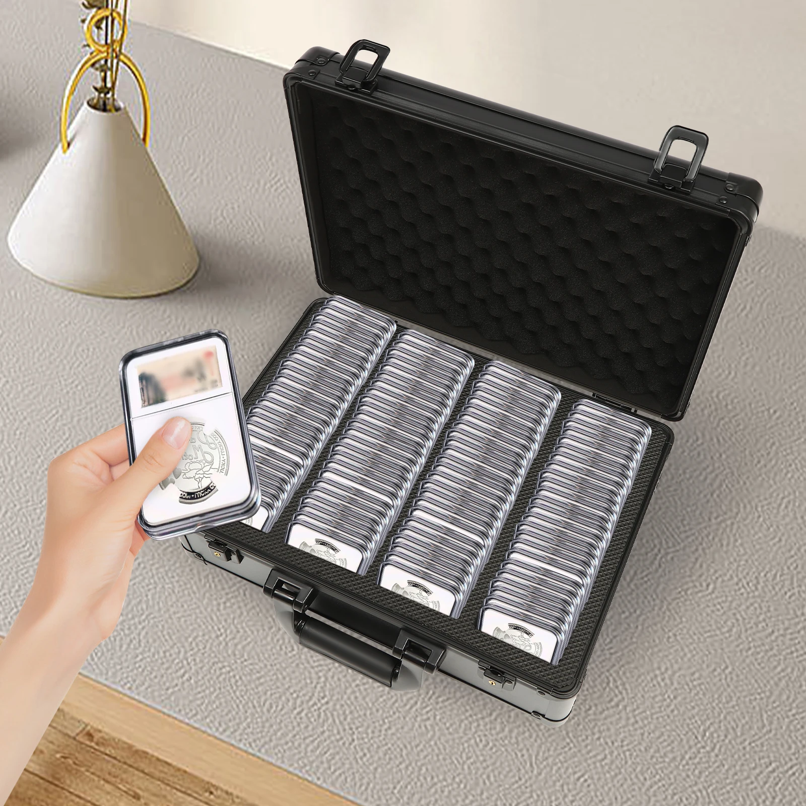 38*27 см, чехол для монет с 4 сетками, чехол из этиленвинилацетата с прорезями из ЭВА, отдельный чехол для дорожного держателя с защитным отверстием для замка и ключом
38*27 см, чехол для монет с 4 сетками, чехол из этиленвинилацетата с прорезями из ЭВА, отдельный чехол для дорожного держателя с защитным отверстием для замка и ключом