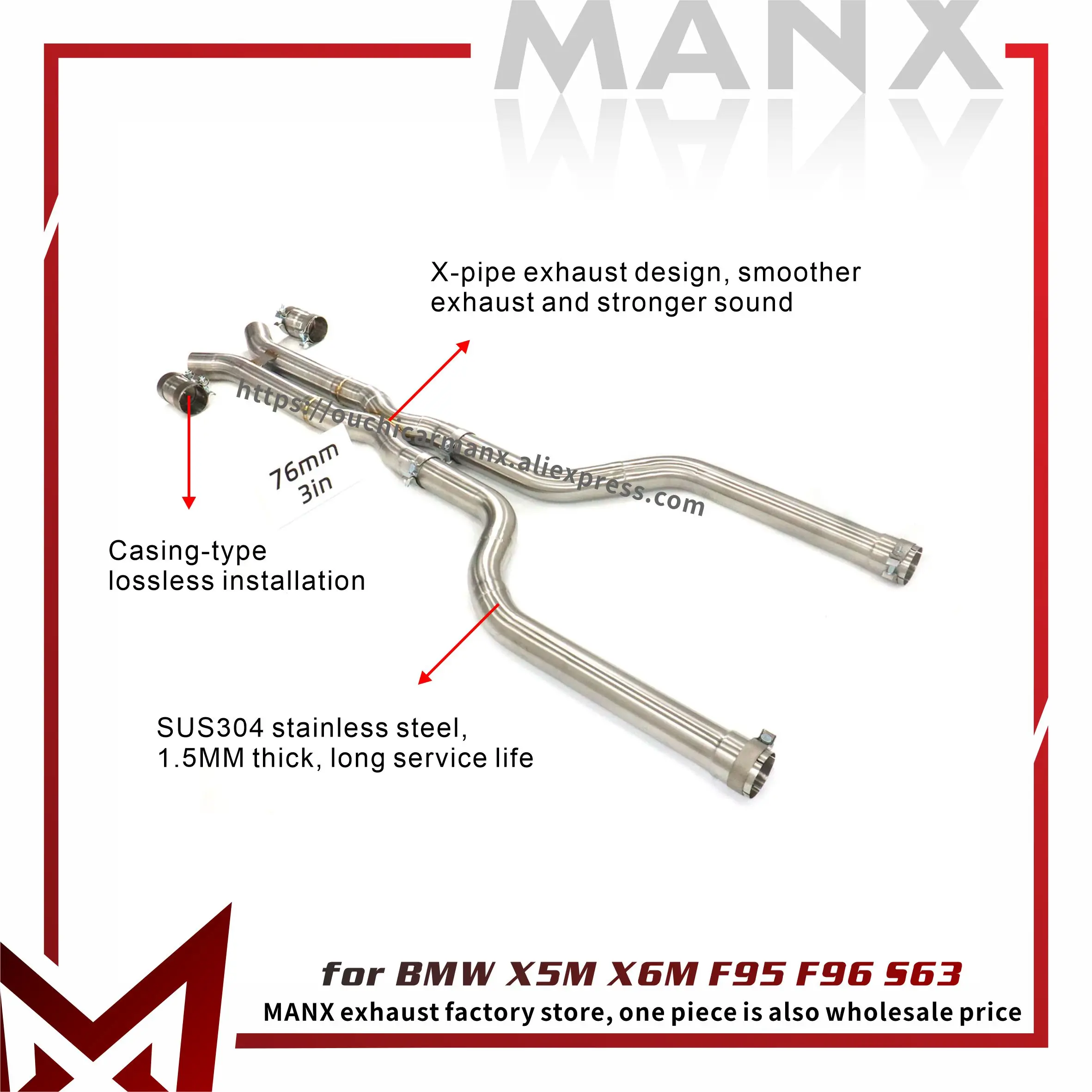 MANX Exhaust System with Middle Pipe for BMW X5M X6M (F95/F96/S63) - High-Quality SS304 Stainless Steel, Replaceable Installatio 
MANX Exhaust System with Middle Pipe for BMW X5M X6M (F95/F96/S63) - High-Quality SS304 Stainless Steel, Replaceable Installatio