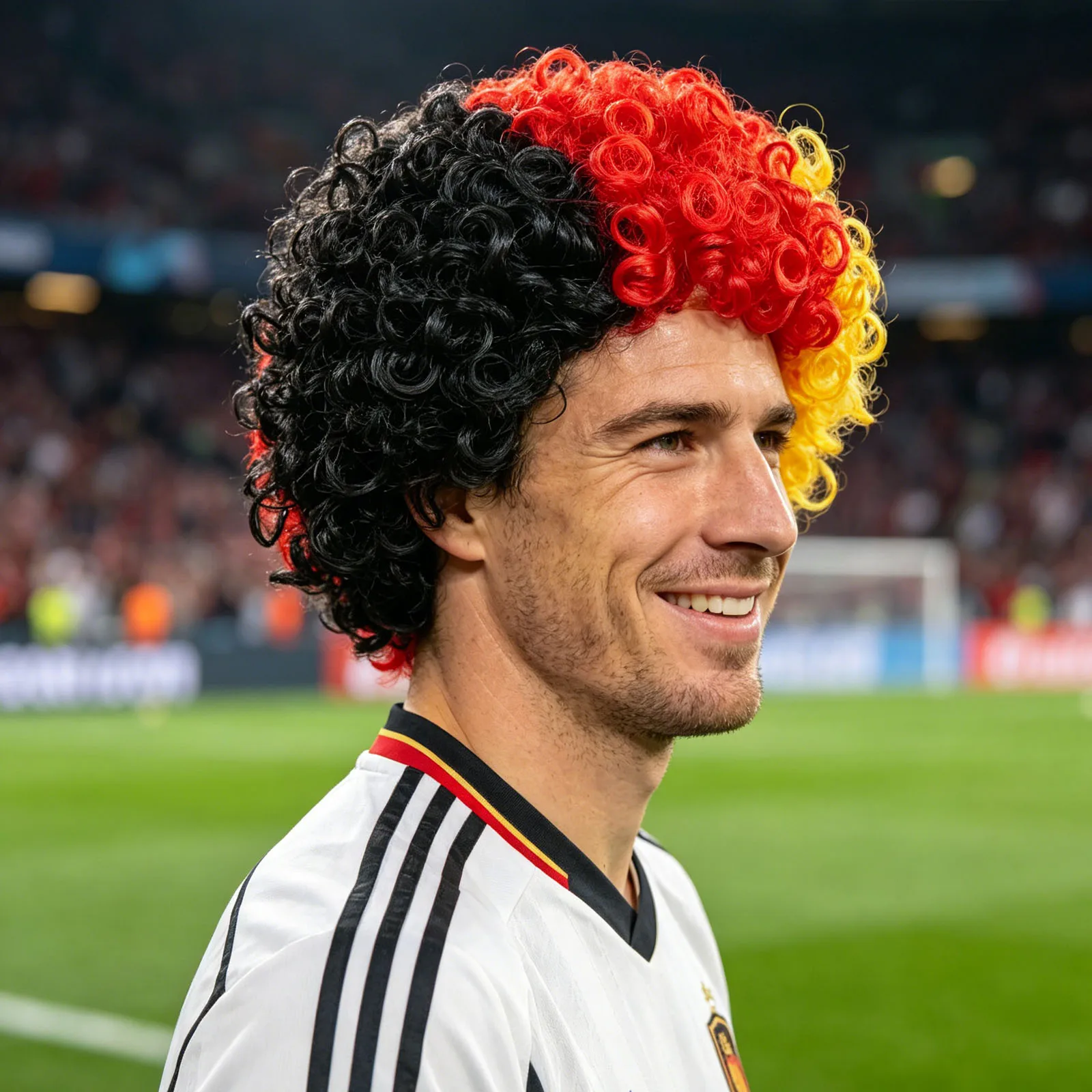 German Flag Colors Black, Red, and Gold Split-Style African Curly Wig, Synthetic Short Plush Fan-Shaped Wig for Men and Women, Patriotic Football Sports Event Party Costume Accessory, Football Game Cheerleading Outfit, Adult Men's and Women's Wig
German Flag Colors Black, Red, and Gold Split-Style African Curly Wig, Synthetic Short Plush Fan-Shaped Wig for Men and Women, Patriotic Football Sports Event Party Costume Accessory, Football Game Cheerleading Outfit, Adult Men's and Women's Wig