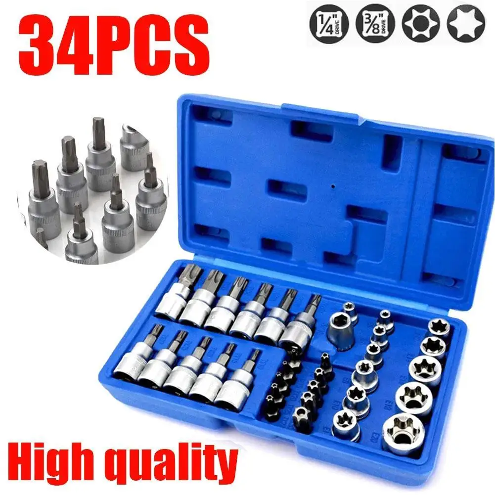 34Pcs Torx Star Sockets & Bit Set With Box Male / Female E-Security Bits Drive Handheld Tool Torque Star Socket Disassembly Tool
34Pcs Torx Star Sockets & Bit Set With Box Male / Female E-Security Bits Drive Handheld Tool Torque Star Socket Disassembly Tool