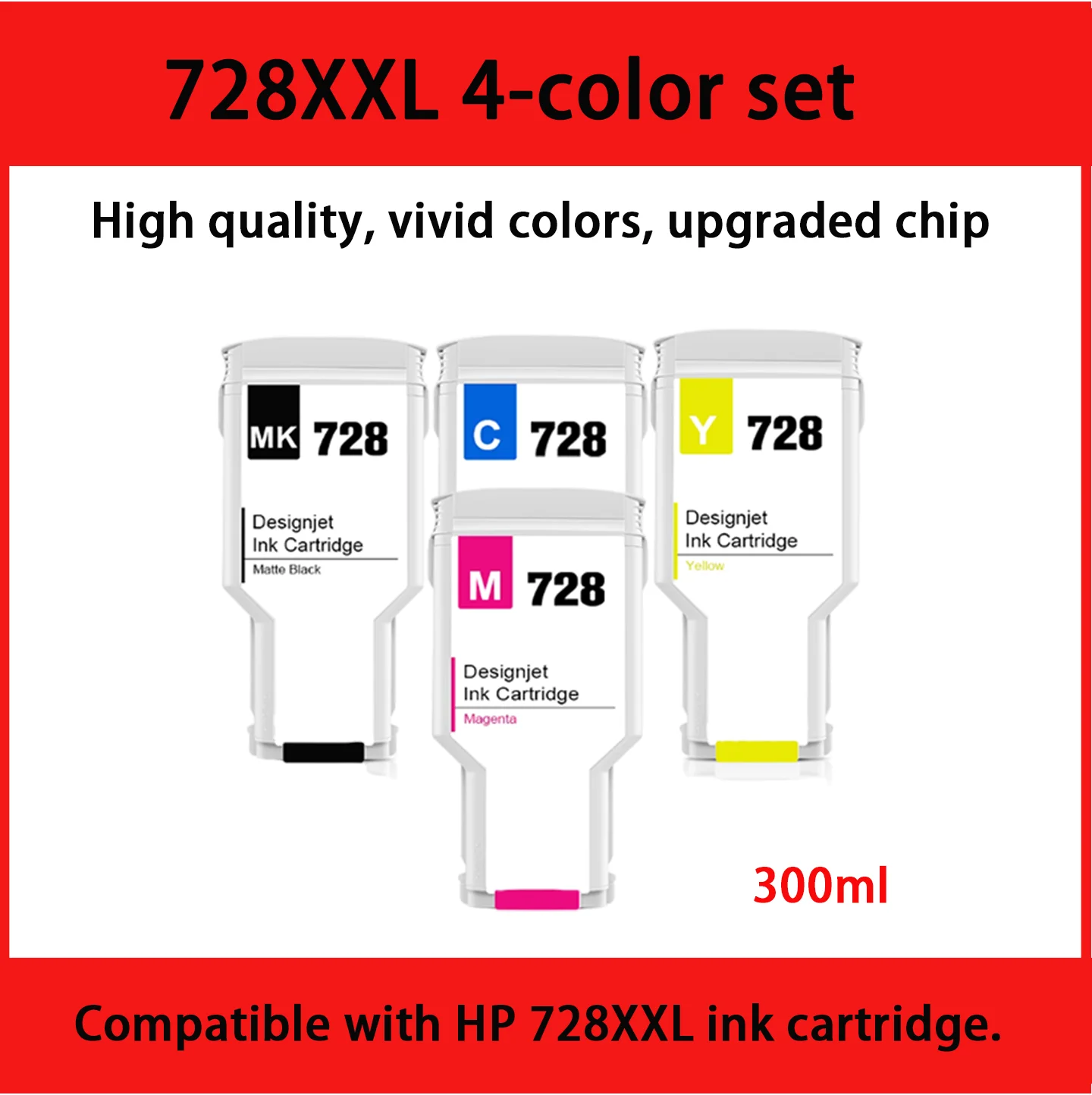 Compatible Ink Cartridge for HP 728 HP728XXL Designjet T730 T830 Printer - 4 Color 300ML Set Compatible with HP 728
Compatible Ink Cartridge for HP 728 HP728XXL Designjet T730 T830 Printer - 4 Color 300ML Set Compatible with HP 728