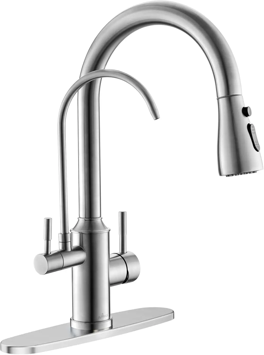 Pull-Out 3-Way Kitchen Faucet with High Arch, Sprayer, and Water Filter - Brushed Nickel Finish
Pull-Out 3-Way Kitchen Faucet with High Arch, Sprayer, and Water Filter - Brushed Nickel Finish
