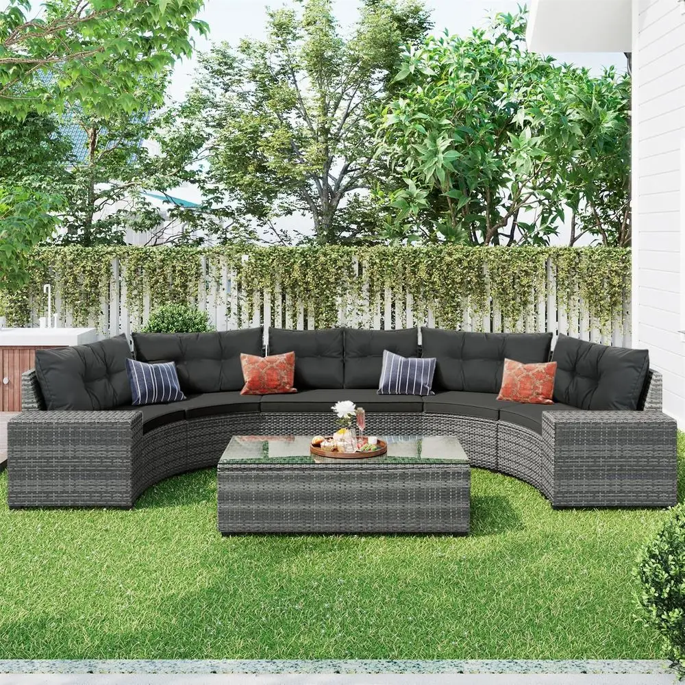 8-Piece Wicker Outdoor Dining Set with Curved Sectional Sofa and Coffee Table, Suitable for Balcony, Backyard, Pool, Porch, Gray
8-Piece Wicker Outdoor Dining Set with Curved Sectional Sofa and Coffee Table, Suitable for Balcony, Backyard, Pool, Porch, Gray