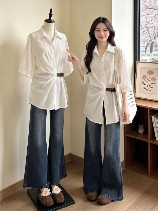 Elegant V-Neck Short Sleeve Shirt Women's plus Size Midi Length Waist-Cinching Top Korean Style Commute Fashion Loose Fit
Elegant V-Neck Short Sleeve Shirt Women's plus Size Midi Length Waist-Cinching Top Korean Style Commute Fashion Loose Fit