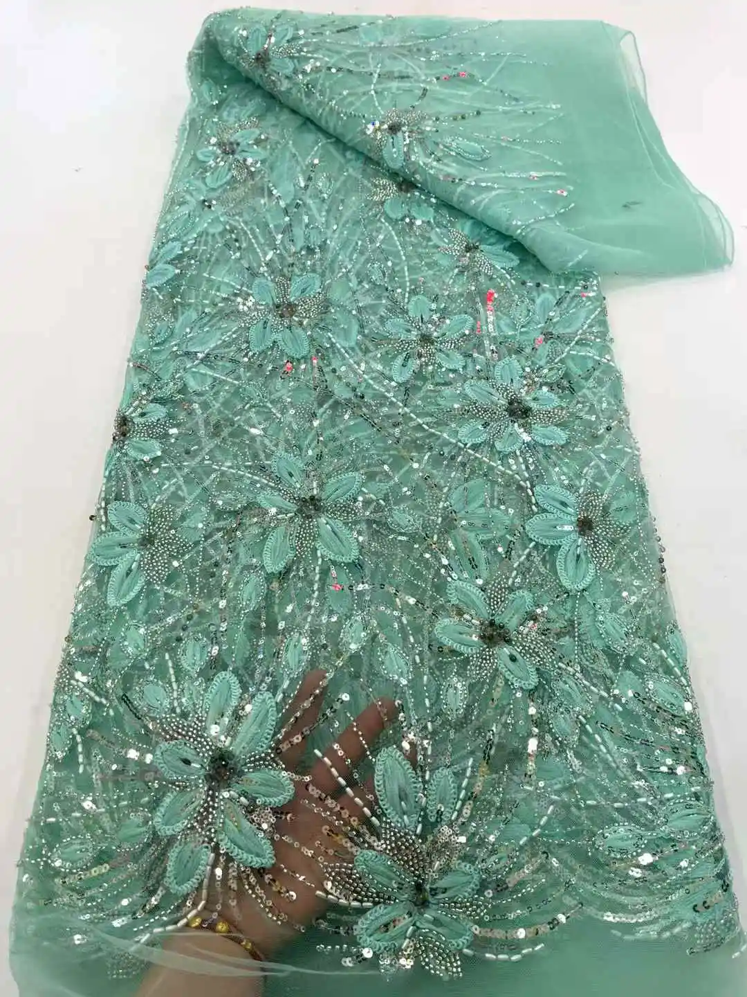 African Lace Fabric 5 Yards 2025 High Quality Elegant Beads Embroidered French Sequins Lace Fabric For Nigerian Wedding
African Lace Fabric 5 Yards 2025 High Quality Elegant Beads Embroidered French Sequins Lace Fabric For Nigerian Wedding