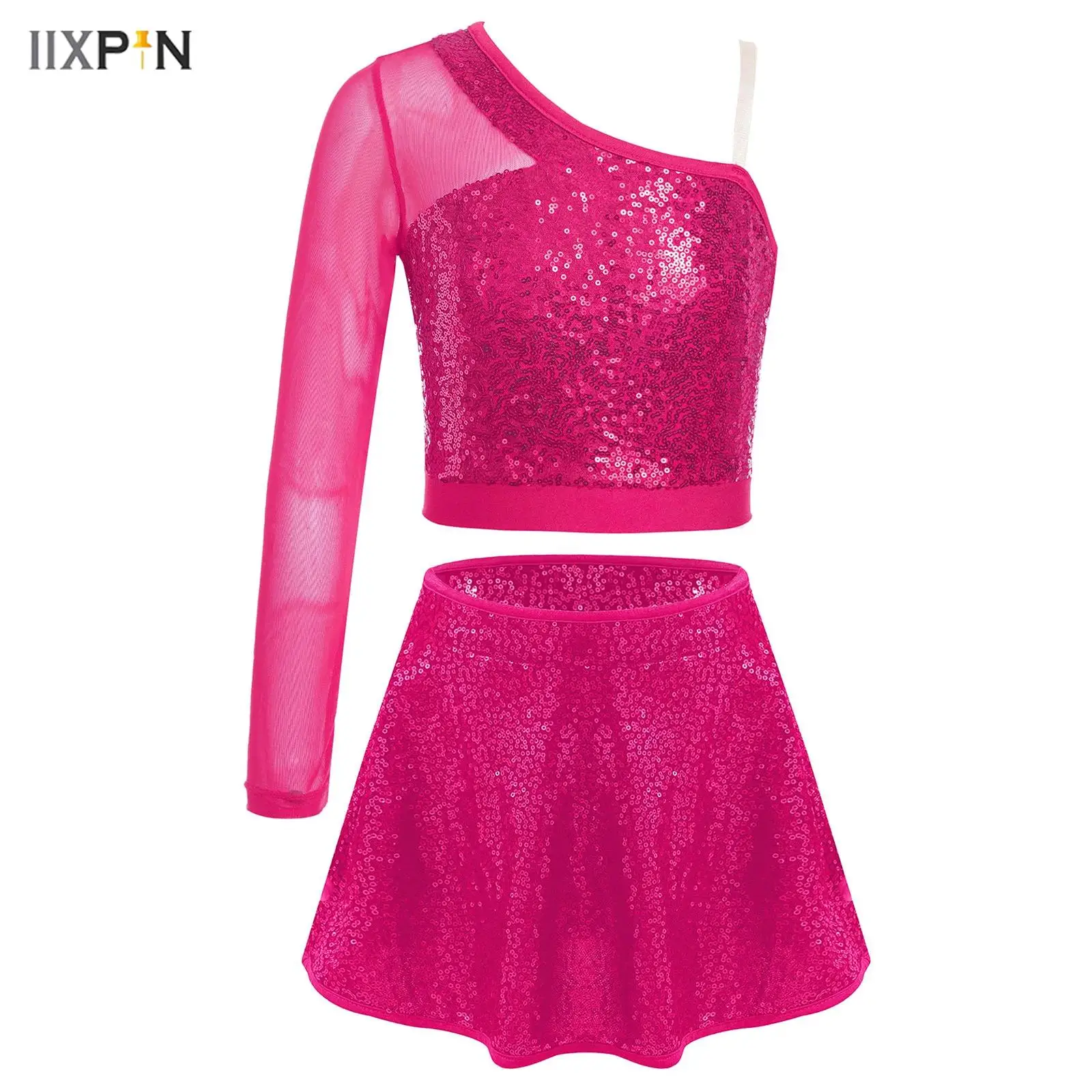 Kids Girls Jazz Latin Dance Costume Sheer Mesh One Shoulder Side Zipper Crop Top with Sequins Skirt Stage Performance Costume
Kids Girls Jazz Latin Dance Costume Sheer Mesh One Shoulder Side Zipper Crop Top with Sequins Skirt Stage Performance Costume