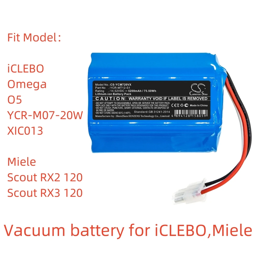 Литий-ионный вакуумный аккумулятор для Miele, 14,52 В, 5200 мАч, Omega O5 YCR-M07-20W XIC013 Scout RX2 120
Литий-ионный вакуумный аккумулятор для Miele, 14,52 В, 5200 мАч, Omega O5 YCR-M07-20W XIC013 Scout RX2 120