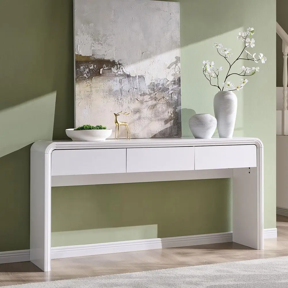 63-inch Elegant Entryway Table with 3 Drawers, Curved Profile Design, Ideal for Living Room, Hallway, and Foyer, White
63-inch Elegant Entryway Table with 3 Drawers, Curved Profile Design, Ideal for Living Room, Hallway, and Foyer, White