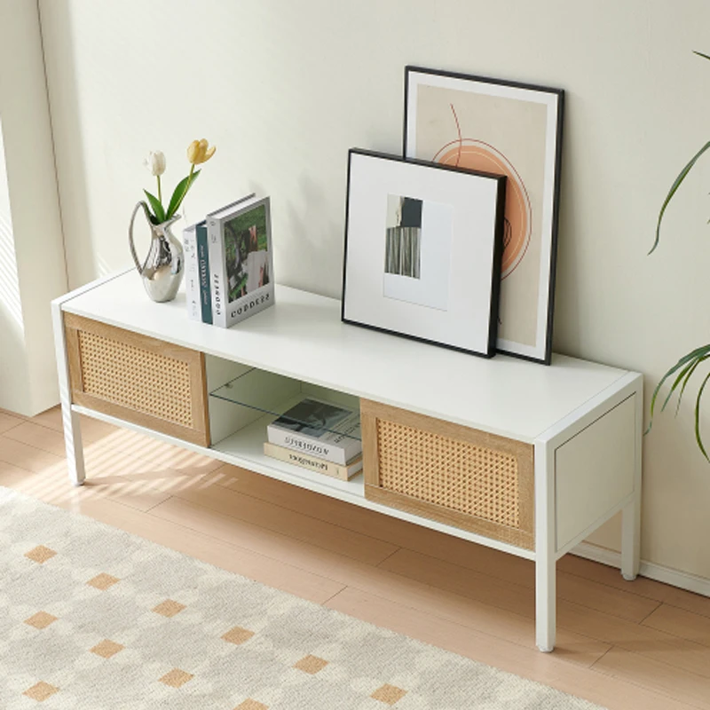 54.33" Rattan TV cabinet with variable color light strip, double sliding doors for storage, adjustable shelf, metal legs,,white
54.33" Rattan TV cabinet with variable color light strip, double sliding doors for storage, adjustable shelf, metal legs,,white