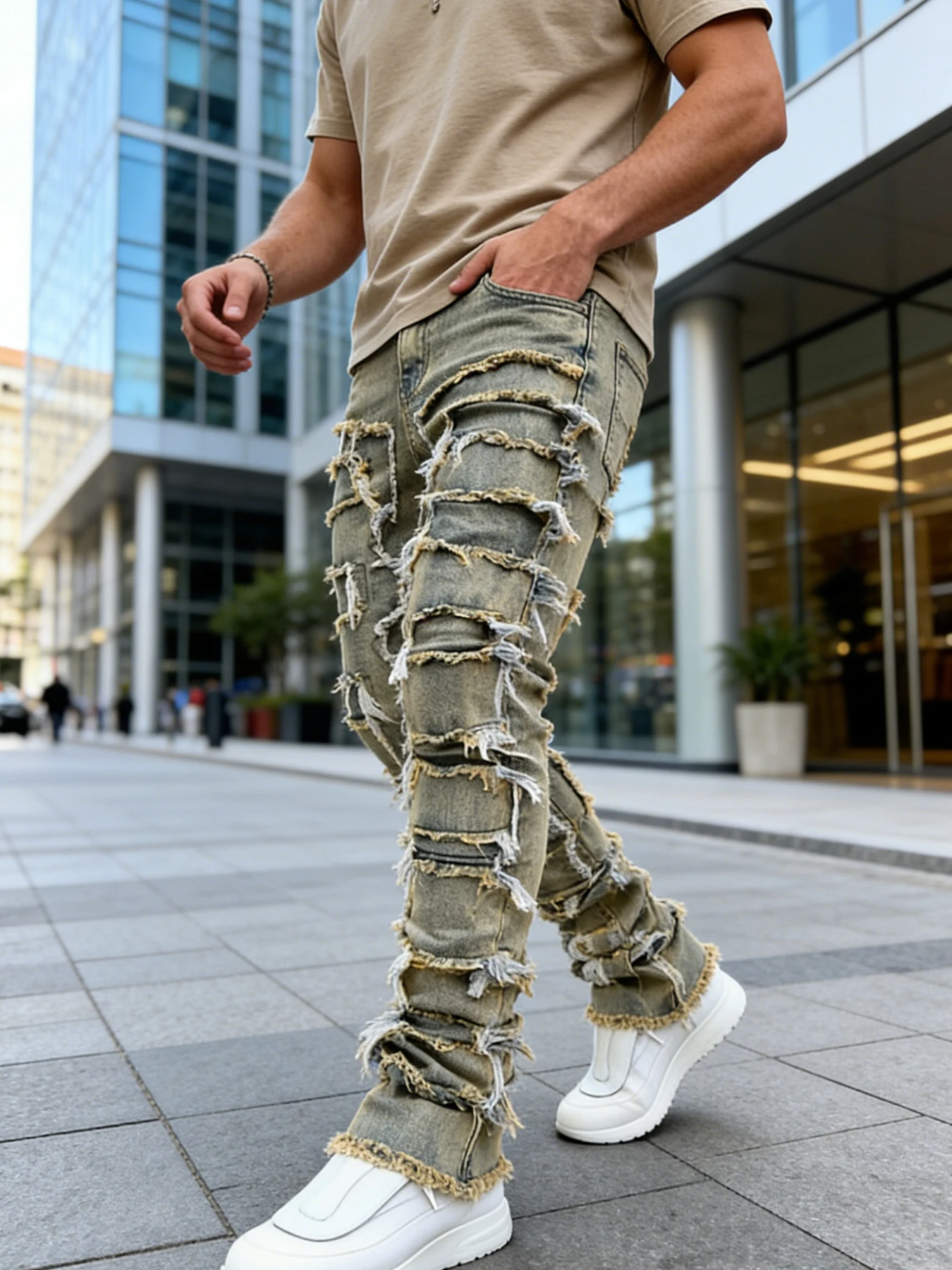 Retro distressed heavy-duty frayed jeans for men, patchwork, slim-fit and height-enhancing, stylish trendy long pants
Retro distressed heavy-duty frayed jeans for men, patchwork, slim-fit and height-enhancing, stylish trendy long pants