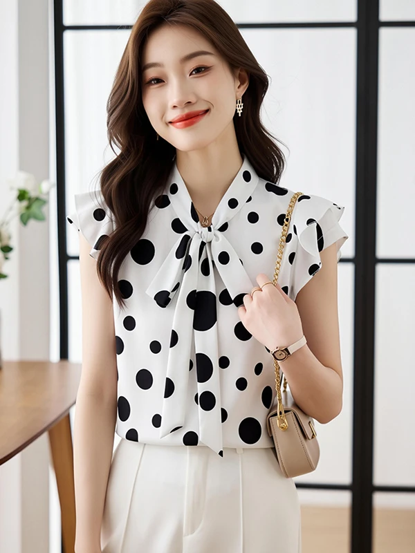 Summer Polka Dot Women's Shirt Knot Short Sleeve Chiffon Blouse Original Design Slim Fit Polyester Fiber round Neck
Summer Polka Dot Women's Shirt Knot Short Sleeve Chiffon Blouse Original Design Slim Fit Polyester Fiber round Neck