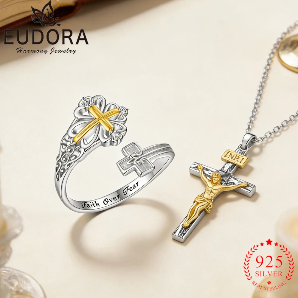 Комплект религиозных украшений Eudora: кольцо и ожерелье с крестом Иисуса из стерлингового серебра 925 пробы, регулируемое, отличный подарок для мужчин и женщин
Комплект религиозных украшений Eudora: кольцо и ожерелье с крестом Иисуса из стерлингового серебра 925 пробы, регулируемое, отличный подарок для мужчин и женщин