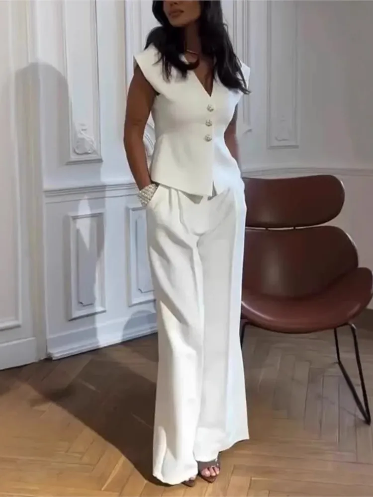 Summer Two Piece Sets Women Fashion Elegant Temperament V-neck Sleeveless Button Tops And Solid Color High Waist Wide Leg Pants
Summer Two Piece Sets Women Fashion Elegant Temperament V-neck Sleeveless Button Tops And Solid Color High Waist Wide Leg Pants