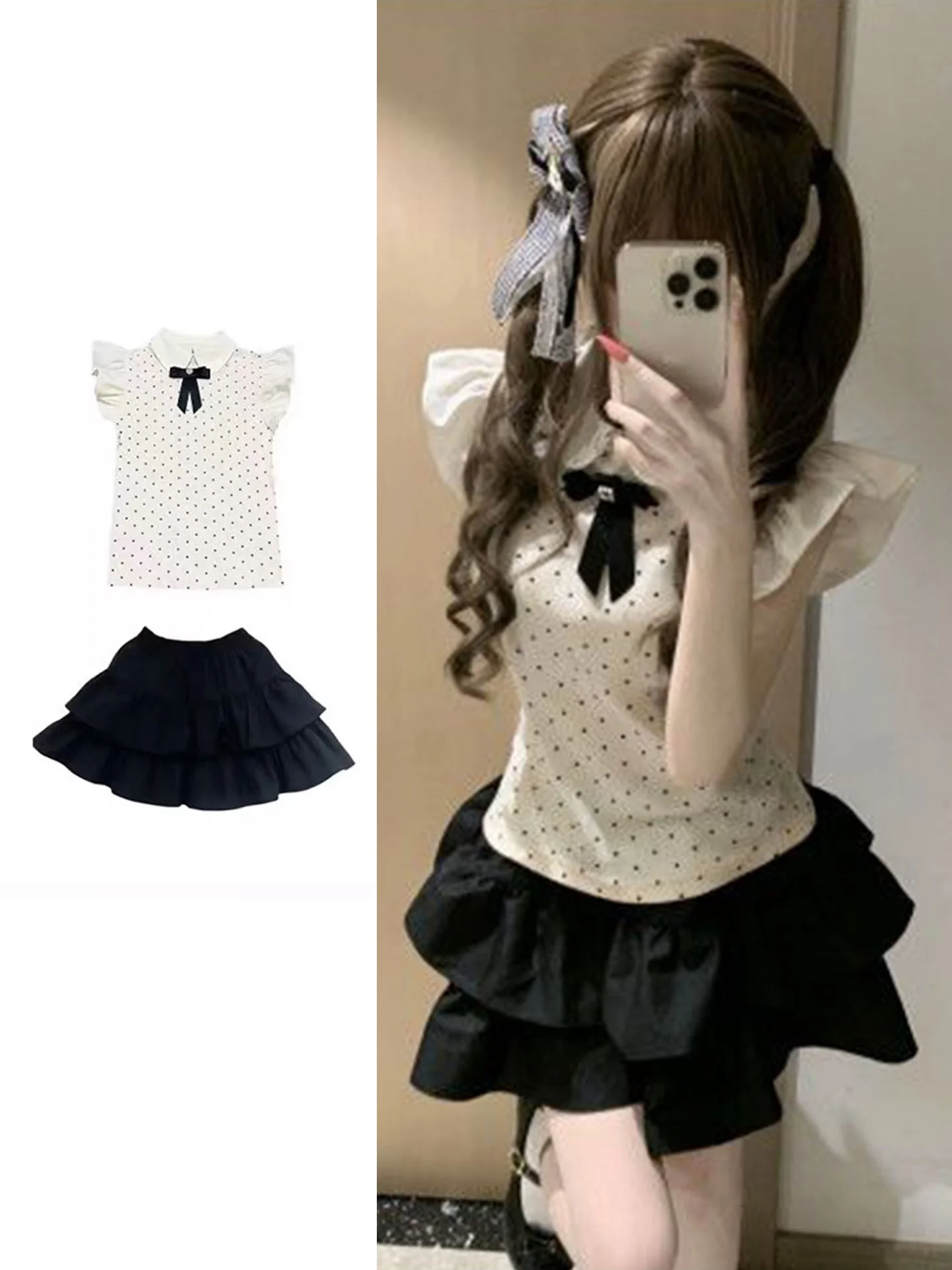 Summer New Style Large Size Sweet Polka Dot Doll Collar Knot Short Sleeve Women's Top And Cake Skirt Two Piece Set
Summer New Style Large Size Sweet Polka Dot Doll Collar Knot Short Sleeve Women's Top And Cake Skirt Two Piece Set