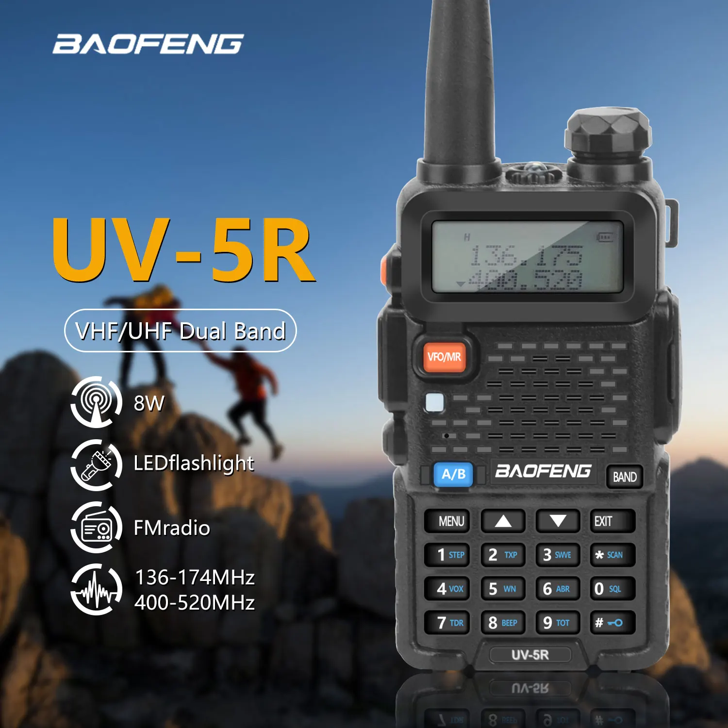 Baofeng UV-5R 8W Walkie Talkie Dual Band VHF 136-174MHz UHF 400-520MHz 128Ch FM VOX Roger Beep Flashlight with Earphone
Baofeng UV-5R 8W Walkie Talkie Dual Band VHF 136-174MHz UHF 400-520MHz 128Ch FM VOX Roger Beep Flashlight with Earphone