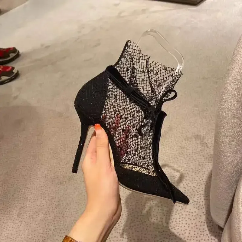 New French bow tie high heels with pointed thin heels sandals breathable lace mesh cool boots for women
New French bow tie high heels with pointed thin heels sandals breathable lace mesh cool boots for women