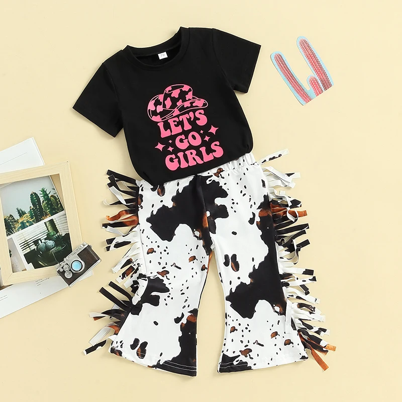 Fashion Toddler Kids Baby Girls Clothes Sets Letter Print Short Sleeve T-shirts+Cow Print Tassel Flare Pants Casual outfits
Fashion Toddler Kids Baby Girls Clothes Sets Letter Print Short Sleeve T-shirts+Cow Print Tassel Flare Pants Casual outfits