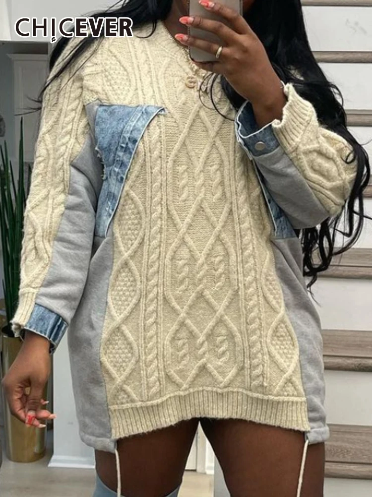 CHICEVER Colorblock Loose Pullover Sweaters For Women Round Neck Long Sleeves Spliced Denim Vintage Chic Knitting Sweater Female
CHICEVER Colorblock Loose Pullover Sweaters For Women Round Neck Long Sleeves Spliced Denim Vintage Chic Knitting Sweater Female