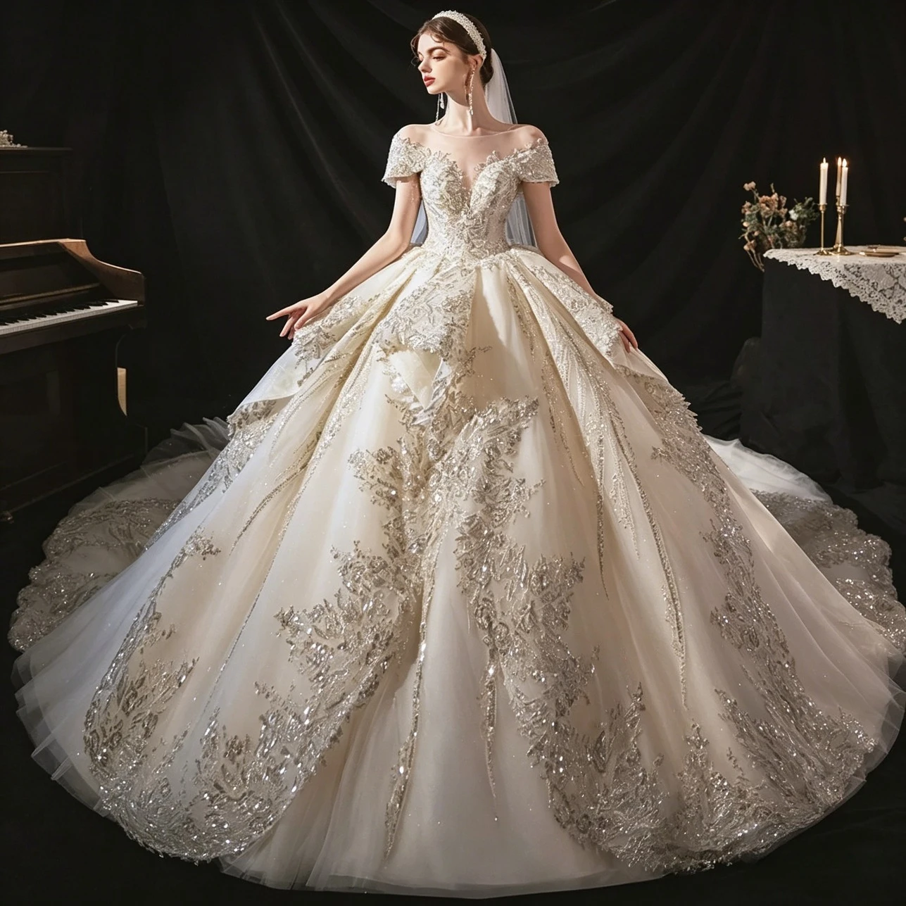 Customized Luxury Ball Gown Wedding Dress Off Shoulder Sparkly Beaded Lace Tiered Cathedral Train Bridal Gown Vestidos De Novia.
Customized Luxury Ball Gown Wedding Dress Off Shoulder Sparkly Beaded Lace Tiered Cathedral Train Bridal Gown Vestidos De Novia.