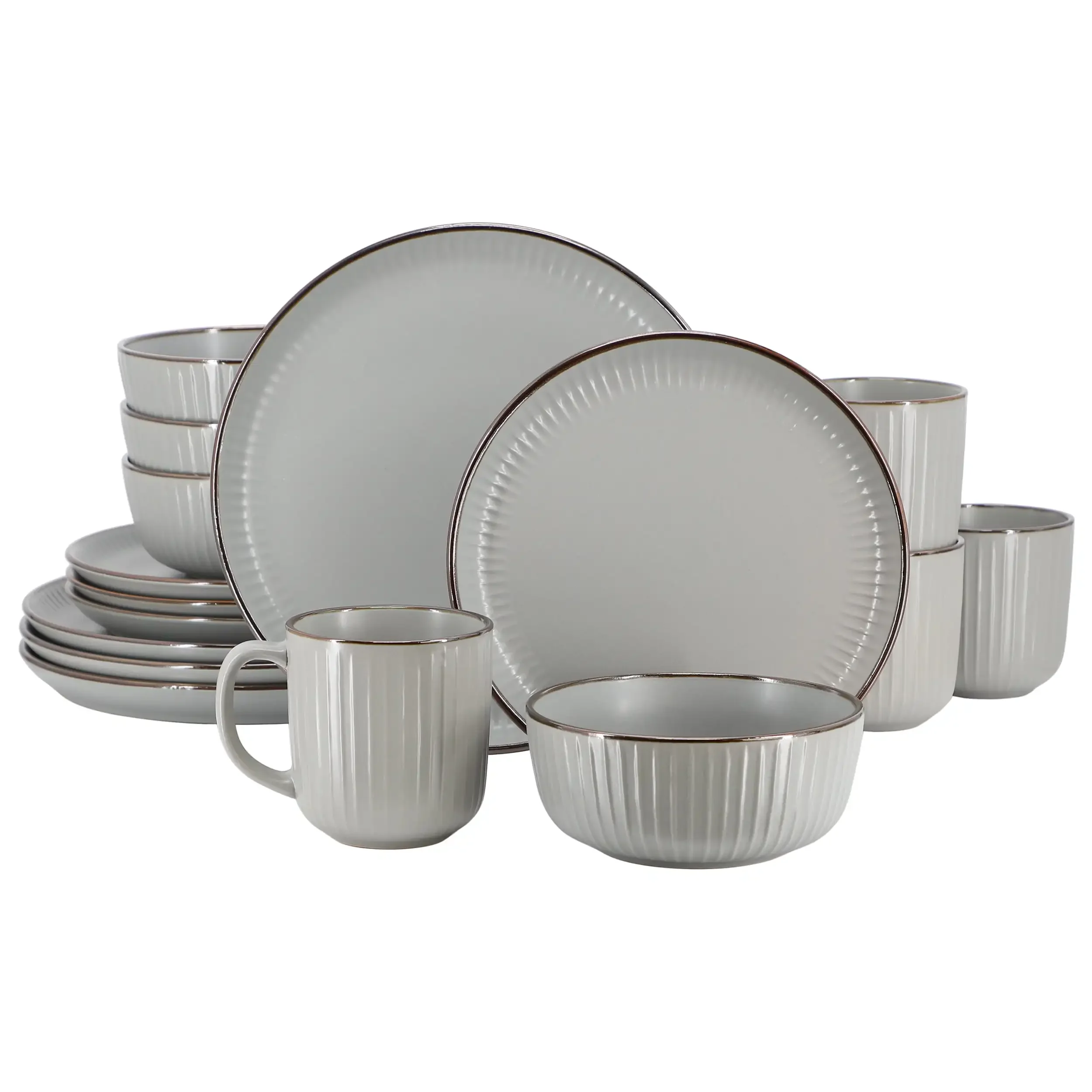 16-piece stoneware dinnerware set in soft light gray finish
16-piece stoneware dinnerware set in soft light gray finish