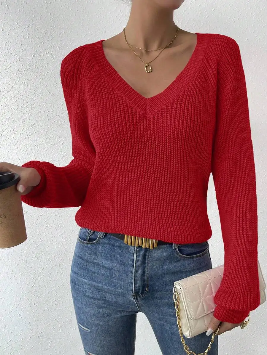 Red V-Neck Long Sleeve Knit Sweater For Women Casual Holiday Wear
Red V-Neck Long Sleeve Knit Sweater For Women Casual Holiday Wear