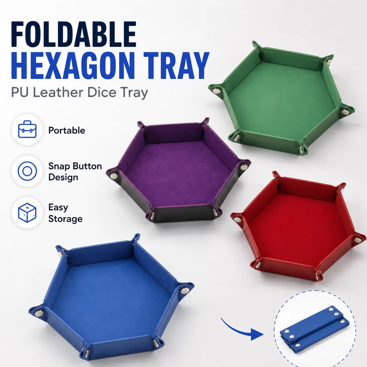 Foldable Hexagon Dice Tray PU Leather Storage Organizer Snap Button Valet Tray for Jewelry Keys Coins Board Games Assorted Color
Foldable Hexagon Dice Tray PU Leather Storage Organizer Snap Button Valet Tray for Jewelry Keys Coins Board Games Assorted Color