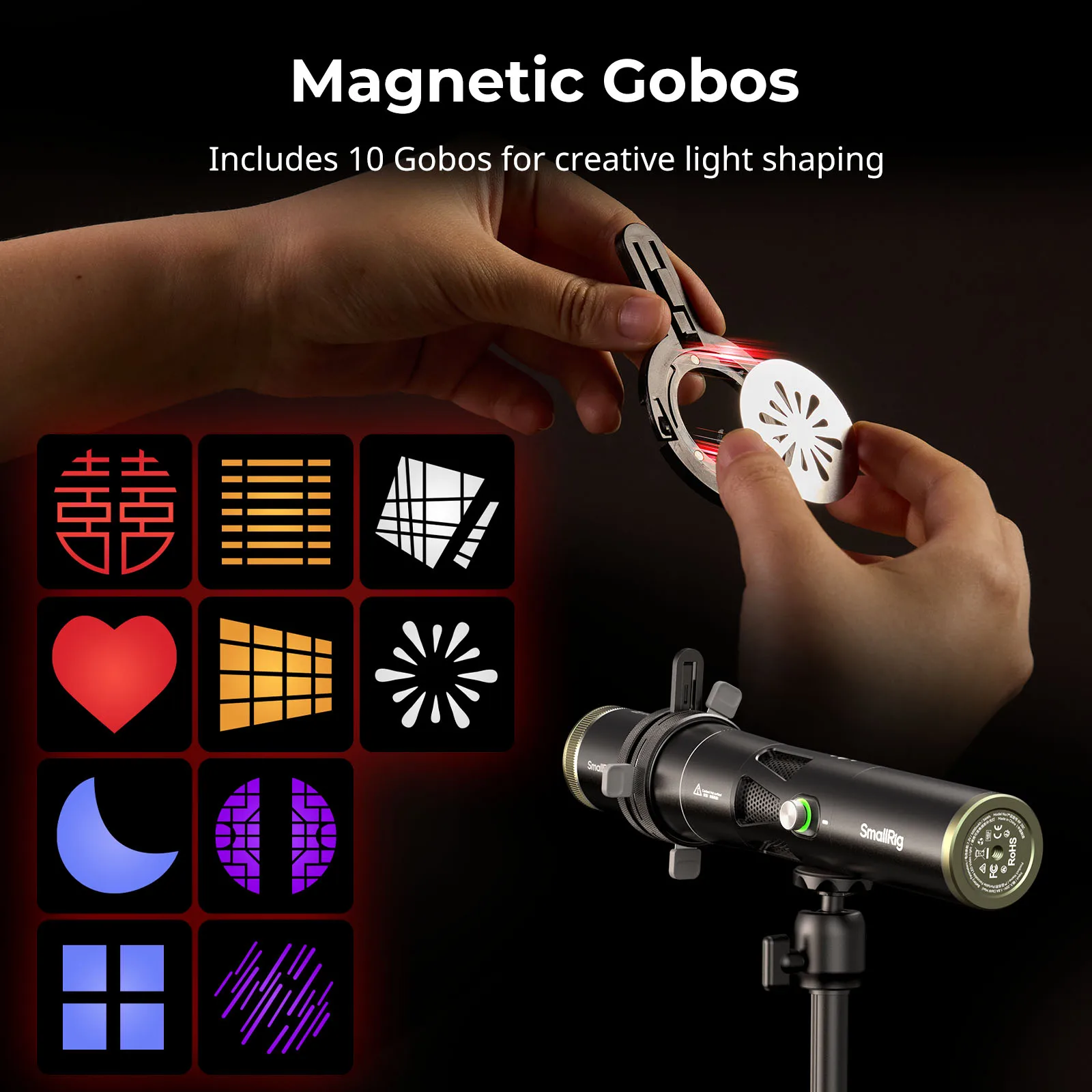 SmallRig 6376 SP Air Spotlight RF 10C and RF 20C Photography Flashlights w Spotlight Gobo Holder 10 metal GOBOs Precise focusing
SmallRig 6376 SP Air Spotlight RF 10C and RF 20C Photography Flashlights w Spotlight Gobo Holder 10 metal GOBOs Precise focusing