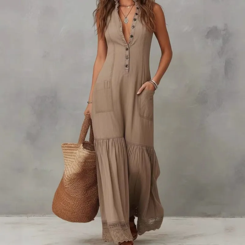 2026 New Women's One-piece Pants V-neck Solid Color And Pockets Casual Upper Body Tight Lower Body Loose Fashion One-piece Pants
2026 New Women's One-piece Pants V-neck Solid Color And Pockets Casual Upper Body Tight Lower Body Loose Fashion One-piece Pants
