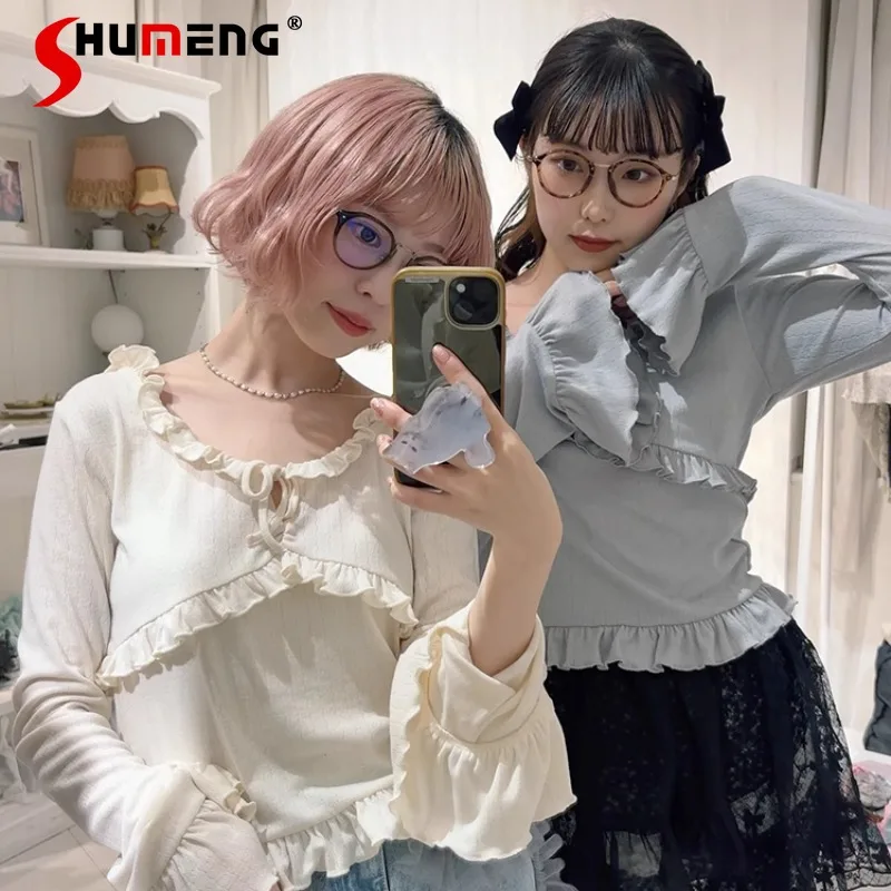 Y2k V-neck Ruffle Edge Pleated Ribbon Decorative Jacquard Knitted Horn Long-sleeved Tees Sweet Beautiful Cute Top Tshirts Female
Y2k V-neck Ruffle Edge Pleated Ribbon Decorative Jacquard Knitted Horn Long-sleeved Tees Sweet Beautiful Cute Top Tshirts Female