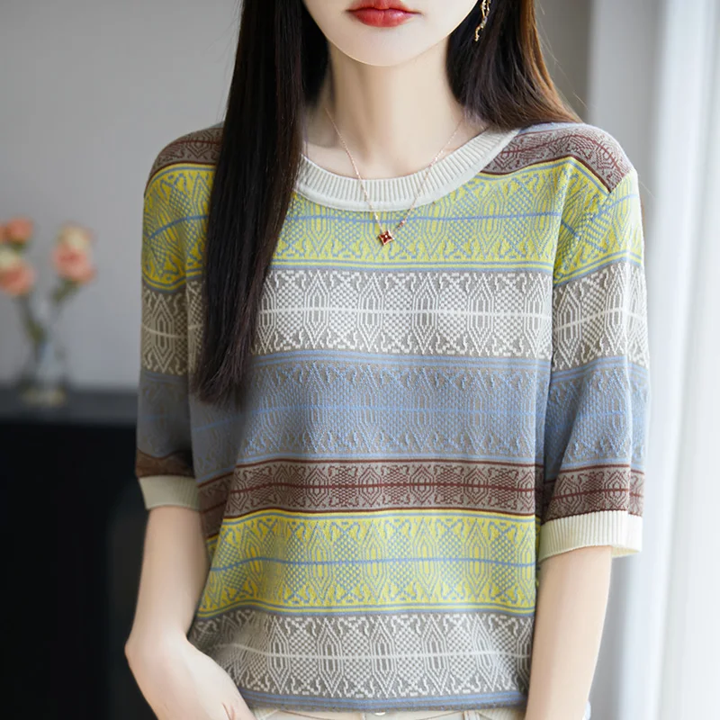 High end luxury knitted O-neck T-shirt women's summer new Lyocell color blocked short sleeved loose top casual soft pullover
High end luxury knitted O-neck T-shirt women's summer new Lyocell color blocked short sleeved loose top casual soft pullover