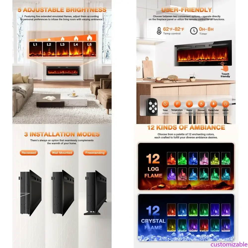 60 Inch Electric Fireplace Heater with Realistic Flame, Log Set, and Crystal Flames - 750-1500W Adjustable Power with Timer Func
60 Inch Electric Fireplace Heater with Realistic Flame, Log Set, and Crystal Flames - 750-1500W Adjustable Power with Timer Func