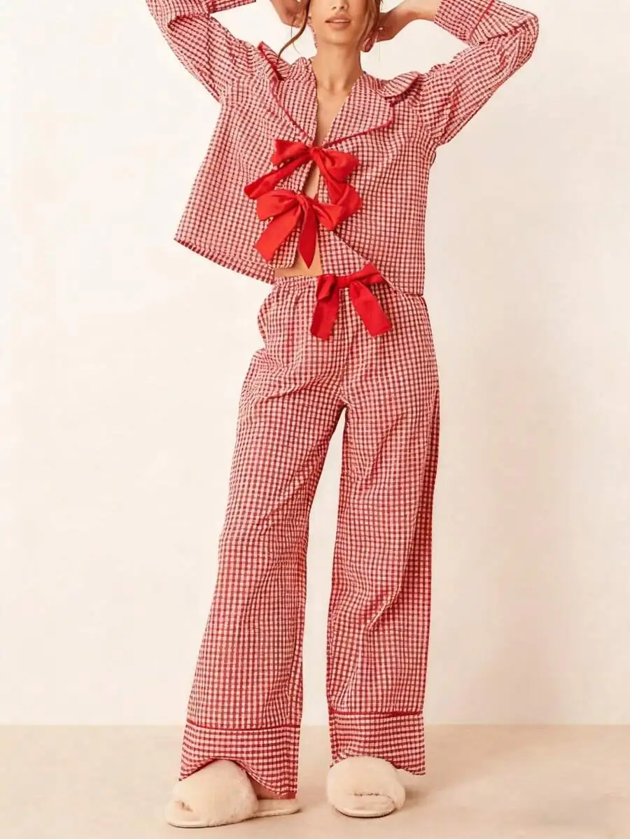 Women Red Plaid Pajama Set Bow Tie Front Peter Pan Collar Long Sleeve Top Wide Leg Pants Sleepwear Loungewear
Women Red Plaid Pajama Set Bow Tie Front Peter Pan Collar Long Sleeve Top Wide Leg Pants Sleepwear Loungewear