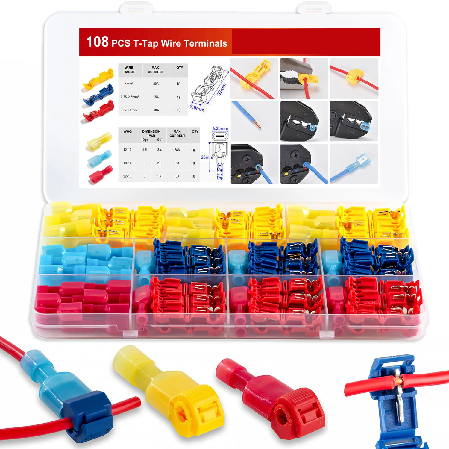 Комплект соединителей для проводов T-Tap, 108 шт., клеммы для быстрого сращивания, самозачищающиеся клеммы для электрических проводов, нейлоновый полностью изолированный штекер, быстрый
Комплект соединителей для проводов T-Tap, 108 шт., клеммы для быстрого сращивания, самозачищающиеся клеммы для электрических проводов, нейлоновый полностью изолированный штекер, быстрый