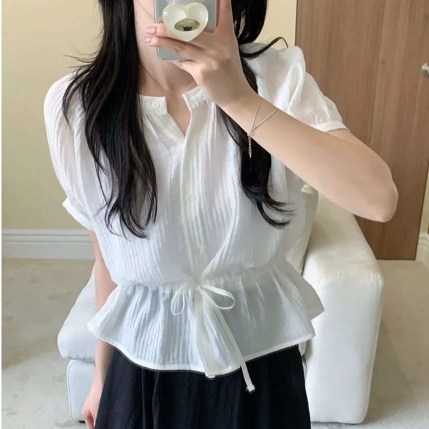 Korean Style Drawstring Waist round Neck Shirt Striped Women's Short Sleeve Casual Fashion Summer Clothing
Korean Style Drawstring Waist round Neck Shirt Striped Women's Short Sleeve Casual Fashion Summer Clothing