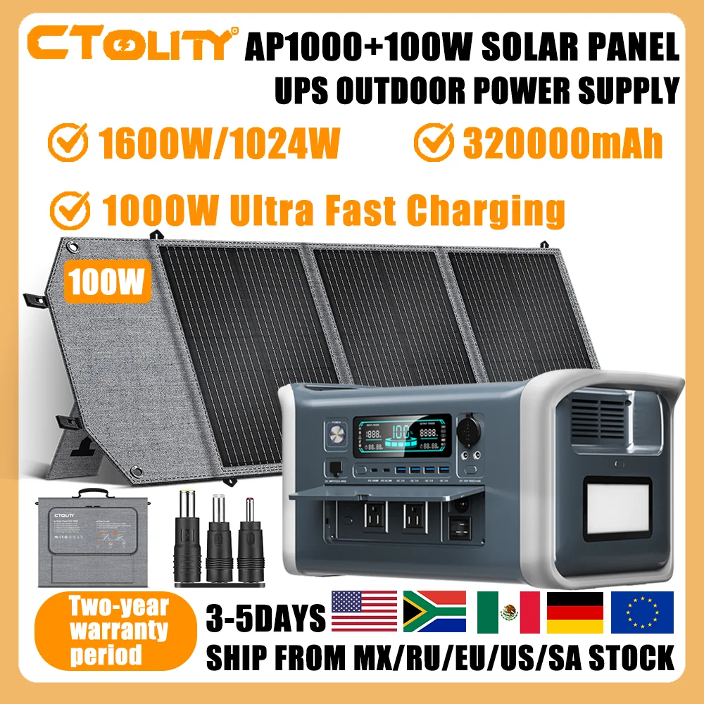 CTOLITY AP1000 SP100 Portable Solar Generator 100W Solar Panel 1600W 1024Wh Lifepo4 Battery Power Station emergency Supply
CTOLITY AP1000 SP100 Portable Solar Generator 100W Solar Panel 1600W 1024Wh Lifepo4 Battery Power Station emergency Supply