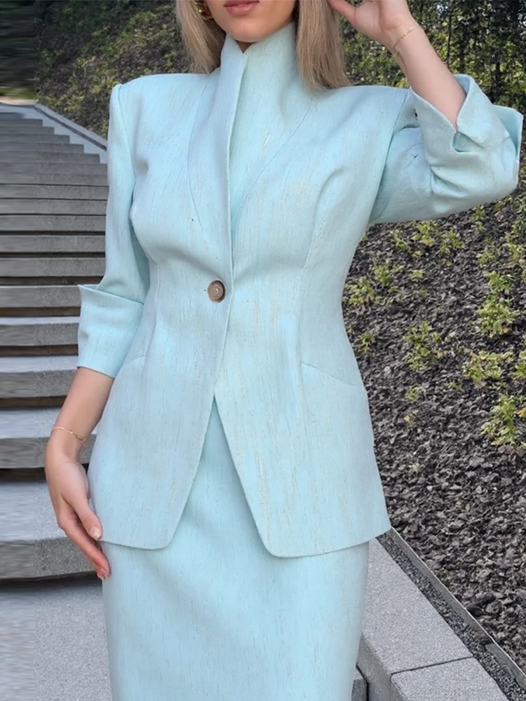 Elegant Women's Blazer Skirt Set Long Sleeves Stand Single Button Waist Cinching Jacket Set 2025 Autumn Office Lady 2 Piece Sets
Elegant Women's Blazer Skirt Set Long Sleeves Stand Single Button Waist Cinching Jacket Set 2025 Autumn Office Lady 2 Piece Sets