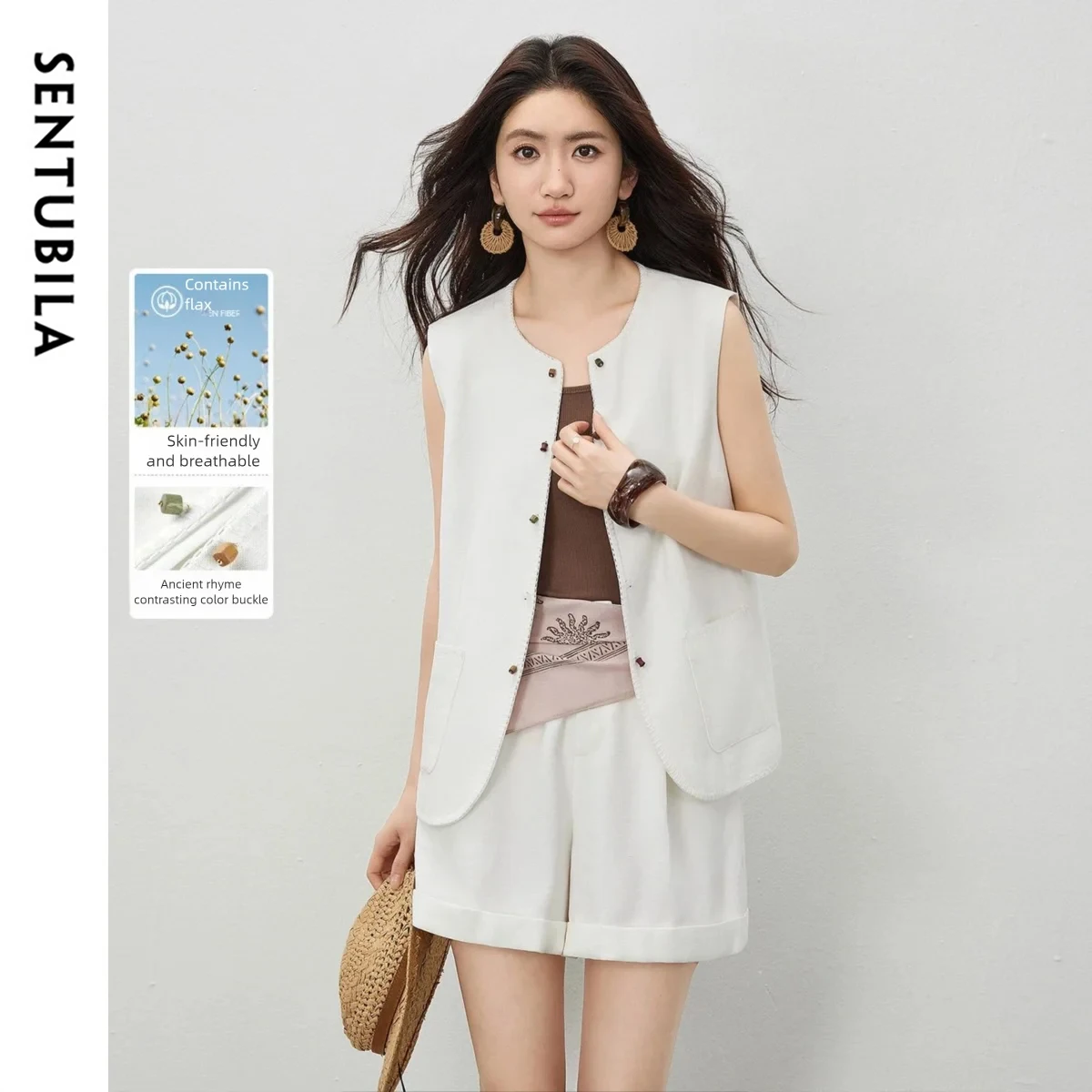 SENTUBILA Women Round Neck Color Block Sleeveless Vest Pleated Wide-leg Shorts Two-piece Set 2026 Summer Commuter 162ZA6637
SENTUBILA Women Round Neck Color Block Sleeveless Vest Pleated Wide-leg Shorts Two-piece Set 2026 Summer Commuter 162ZA6637