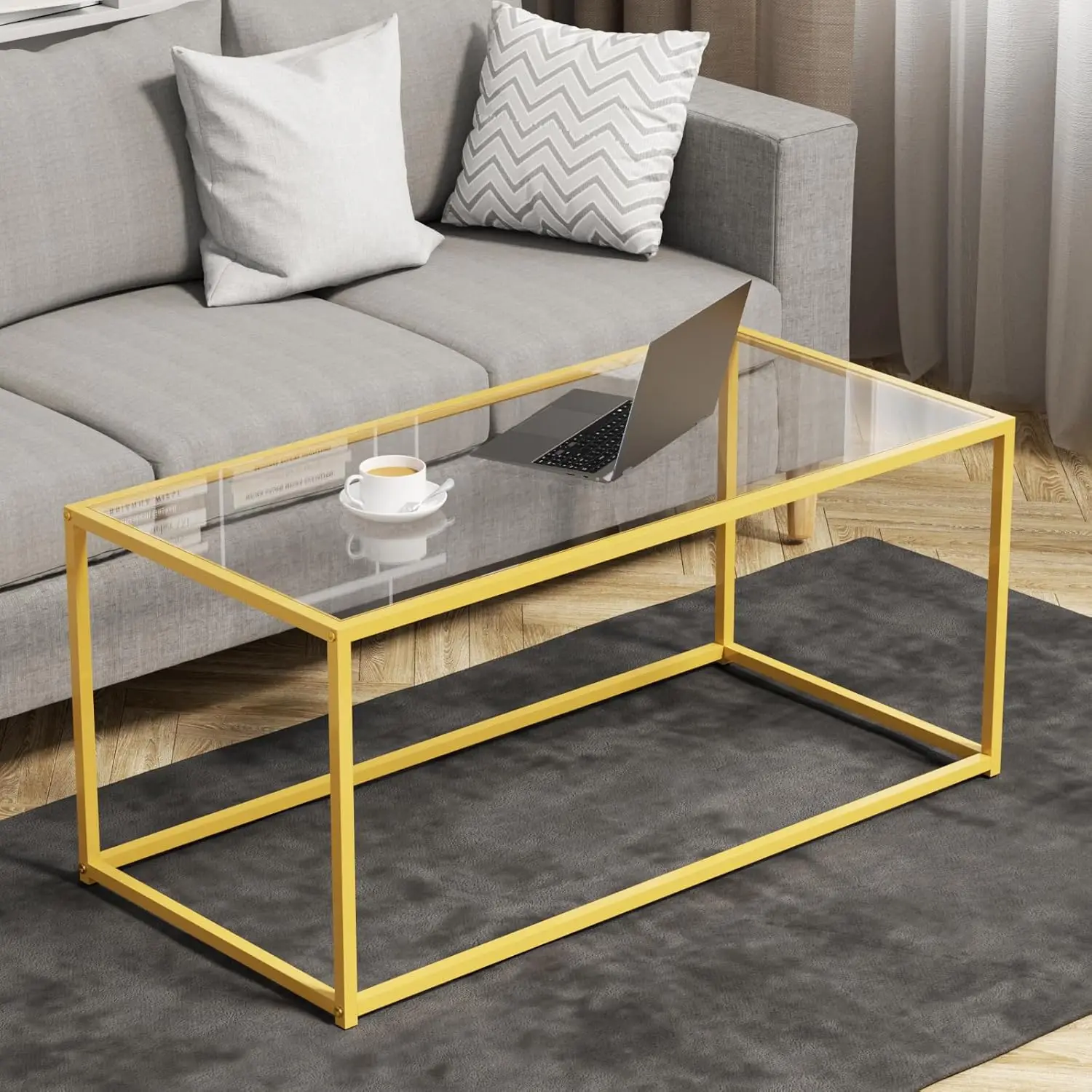 Modern Glass Coffee Table with Tempered Top & Metal Frame, Open Storage, Easy Assembly, Gold
Modern Glass Coffee Table with Tempered Top & Metal Frame, Open Storage, Easy Assembly, Gold