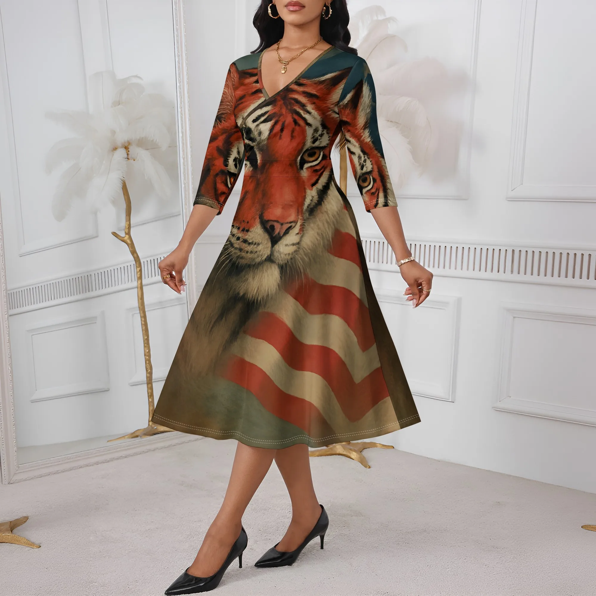 Tiger Print Midi Dress XS-3XL V-Neck A-Line Style for Afro Cultural Parade, Juneteenth Look or Animal Spirit Street Fashion
Tiger Print Midi Dress XS-3XL V-Neck A-Line Style for Afro Cultural Parade, Juneteenth Look or Animal Spirit Street Fashion