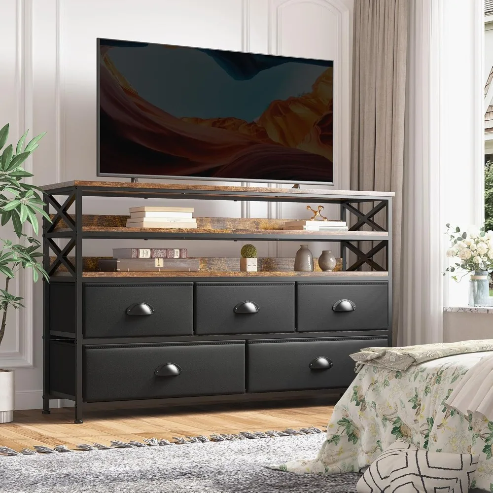 Dresser TV Stand for 50" TV, Sturdy Dresser for Bedroom with 5 Fabric Drawers and Wood Open Shelves, Dressers
Dresser TV Stand for 50" TV, Sturdy Dresser for Bedroom with 5 Fabric Drawers and Wood Open Shelves, Dressers