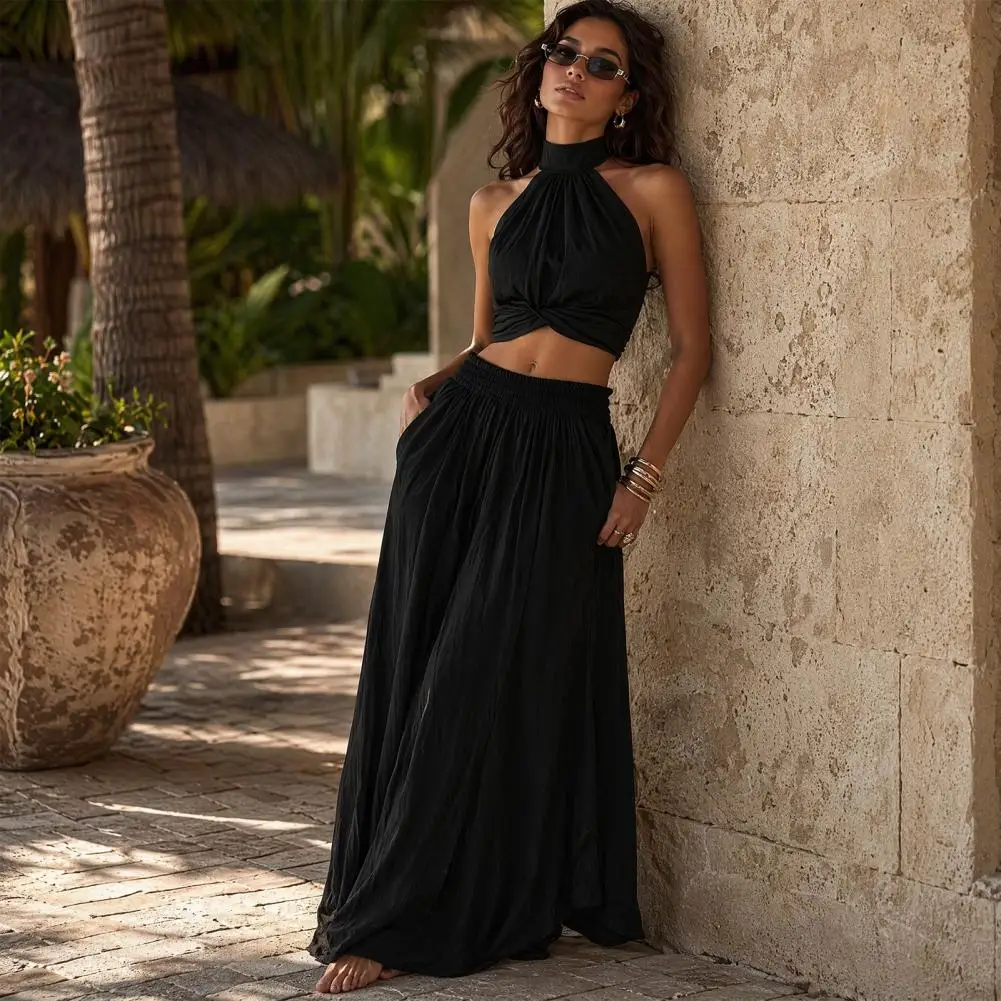 Slimming Loose Trousers Women's 2 Piece Outfit Set High Neck Halter Sleeveless Top Wide Leg Pants Matching Set Summer Beach
Slimming Loose Trousers Women's 2 Piece Outfit Set High Neck Halter Sleeveless Top Wide Leg Pants Matching Set Summer Beach