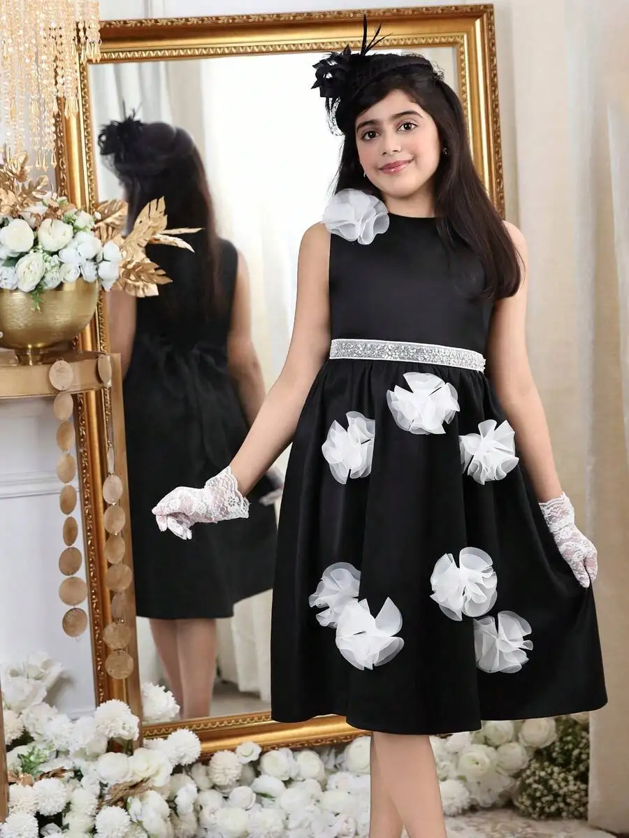Black Sleeveless A-Line Dress With 3D Floral Appliques And Rhinestone Waistband
Black Sleeveless A-Line Dress With 3D Floral Appliques And Rhinestone Waistband
