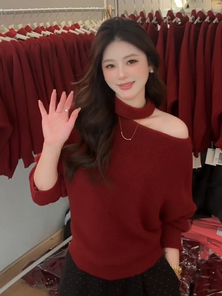 Ladies Red oulder Bared Knitted Sweater Spring Loose Fit Casual Sle Pure Want Aosphere Base Layer Winter New Year's Wear
Ladies Red oulder Bared Knitted Sweater Spring Loose Fit Casual Sle Pure Want Aosphere Base Layer Winter New Year's Wear