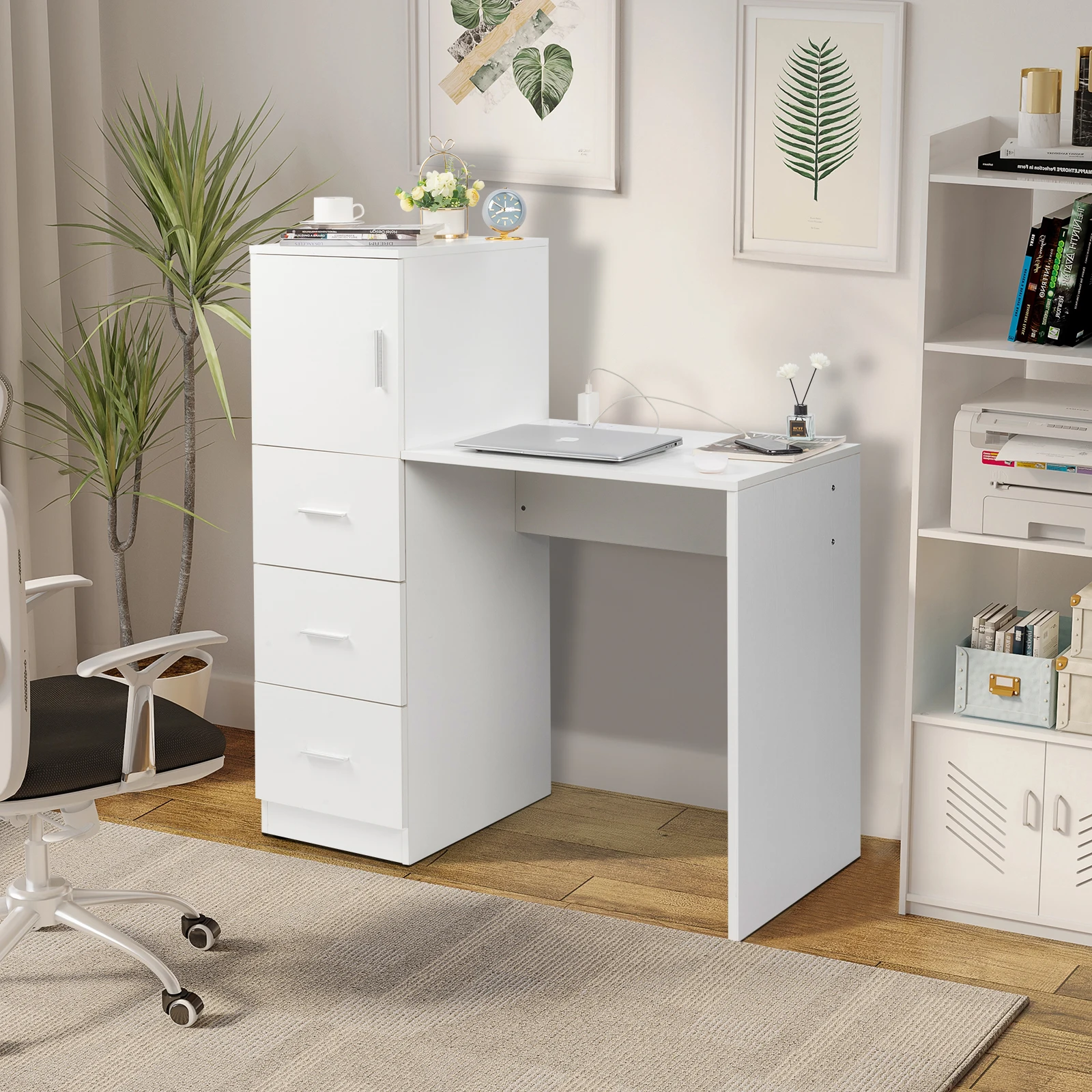 White embossed particle board with melamine H-type 104.5*49*120cm, one door and three drawers, computer desk, 2 USBs, 2 power so
White embossed particle board with melamine H-type 104.5*49*120cm, one door and three drawers, computer desk, 2 USBs, 2 power so