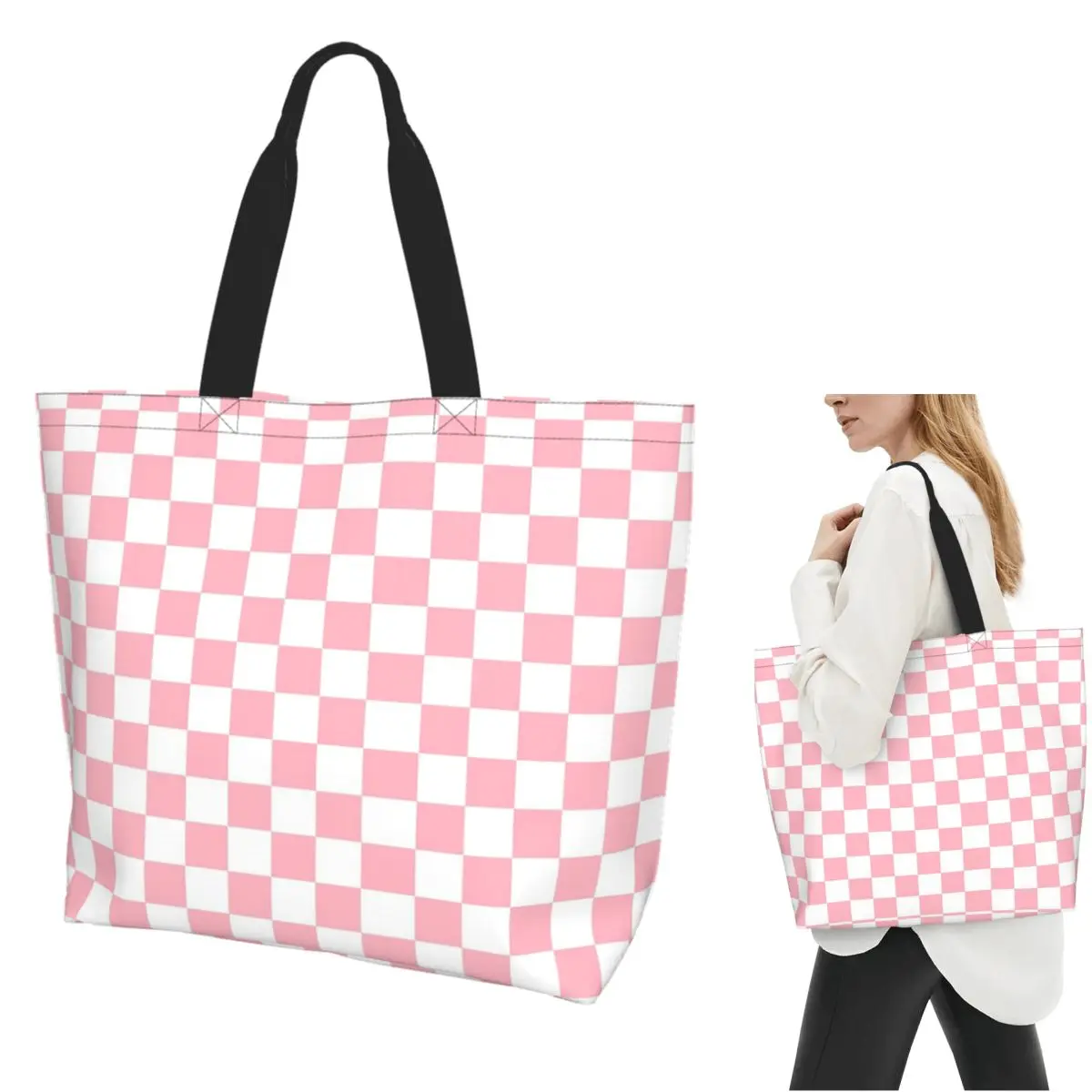 Розовая, белая сумка-тоут с шахматным узором для покупок, парусиновая сумка на плечо большой вместимости, продуктовая сумка для покупок для женщин
Розовая, белая сумка-тоут с шахматным узором для покупок, парусиновая сумка на плечо большой вместимости, продуктовая сумка для покупок для женщин
