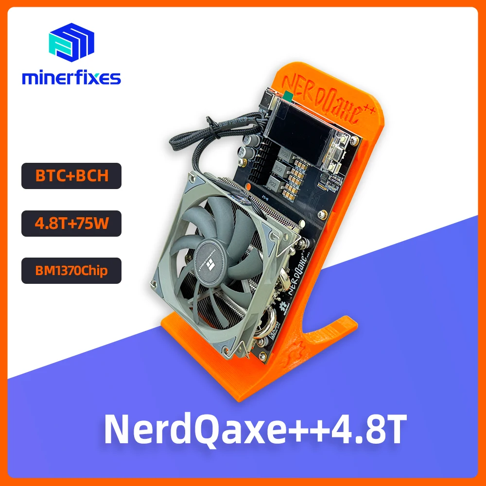 Minerfixes NerdQaxe++ 4.8TH/s 75W Bitcoin Miner 4 BM1370 Asic Chips Solo BTC Mining Machine Power Supply 2.4G WiFi Open-Source
Minerfixes NerdQaxe++ 4.8TH/s 75W Bitcoin Miner 4 BM1370 Asic Chips Solo BTC Mining Machine Power Supply 2.4G WiFi Open-Source