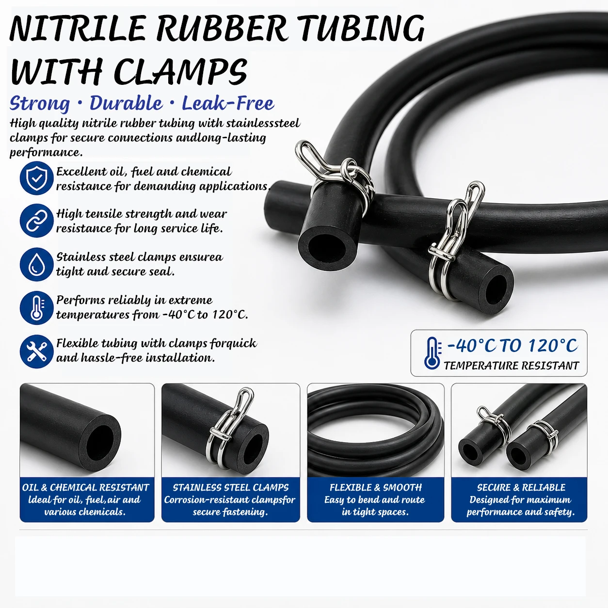 5*9/5*10mm black NBR Tube+304 steel clamp auto repair oil resistant, compression resistant, corrosion resistant and anti-aging.
5*9/5*10mm black NBR Tube+304 steel clamp auto repair oil resistant, compression resistant, corrosion resistant and anti-aging.
